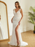 Sheath/Column Charmeuse Lace V-neck Sleeveless Sweep/Brush Train Wedding Dresses Bridal Gowns