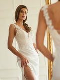 Sheath/Column Charmeuse Lace V-neck Sleeveless Sweep/Brush Train Wedding Dresses Bridal Gowns
