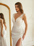 Sheath/Column Charmeuse Lace V-neck Sleeveless Sweep/Brush Train Wedding Dresses Bridal Gowns