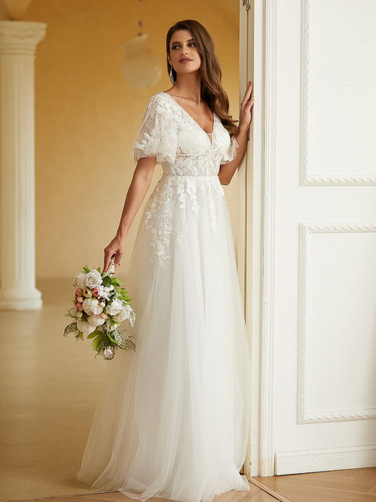 A-Line/Princess Tulle Lace V-neck Short Sleeves Floor-Length Wedding Dresses Bridal Gowns