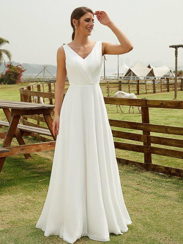 A-Line/Princess Chiffon Ruched V-neck Sleeveless Floor-Length Wedding Dresses Bridal Gowns