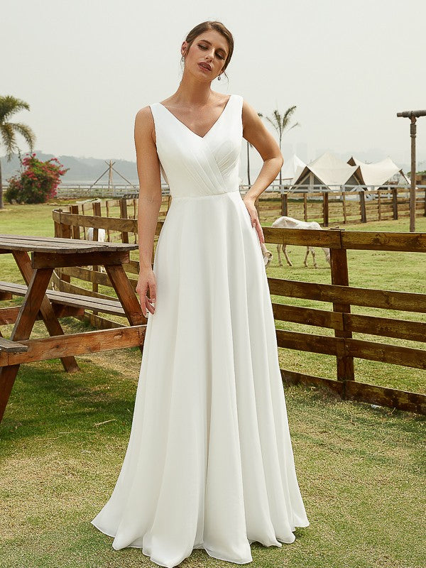 A-Line/Princess Chiffon Ruched V-neck Sleeveless Floor-Length Wedding Dresses Bridal Gowns