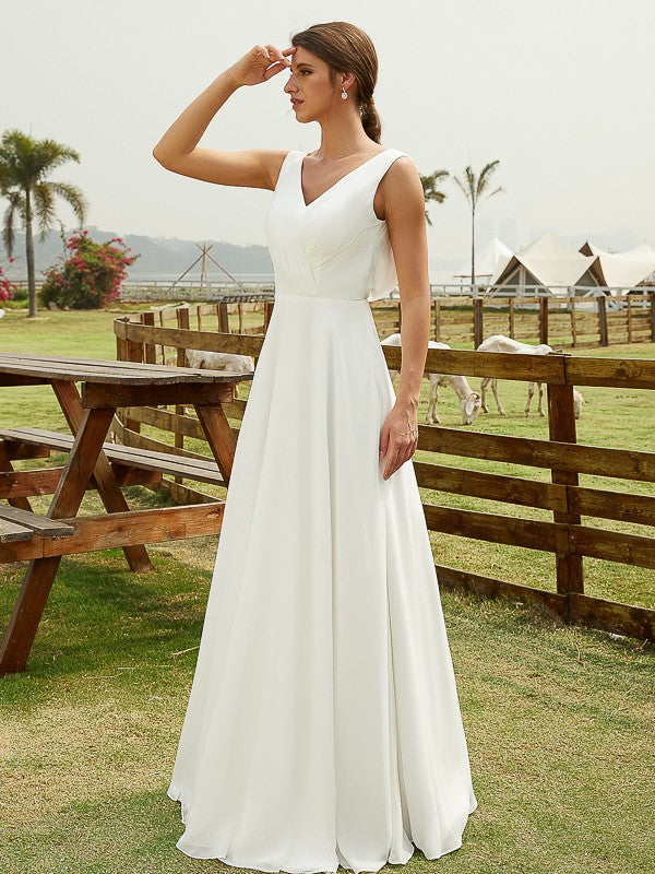 A-Line/Princess Chiffon Ruched V-neck Sleeveless Floor-Length Wedding Dresses Bridal Gowns