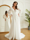 A-Line/Princess Tulle Lace V-neck Long Sleeves Court Train Wedding Dresses Bridal Gowns