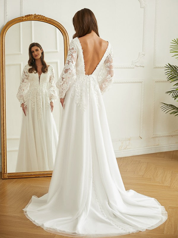 A-Line/Princess Tulle Lace V-neck Long Sleeves Court Train Wedding Dresses Bridal Gowns