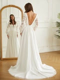 A-Line/Princess Tulle Lace V-neck Long Sleeves Court Train Wedding Dresses Bridal Gowns
