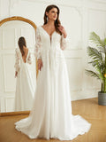 A-Line/Princess Tulle Lace V-neck Long Sleeves Court Train Wedding Dresses Bridal Gowns