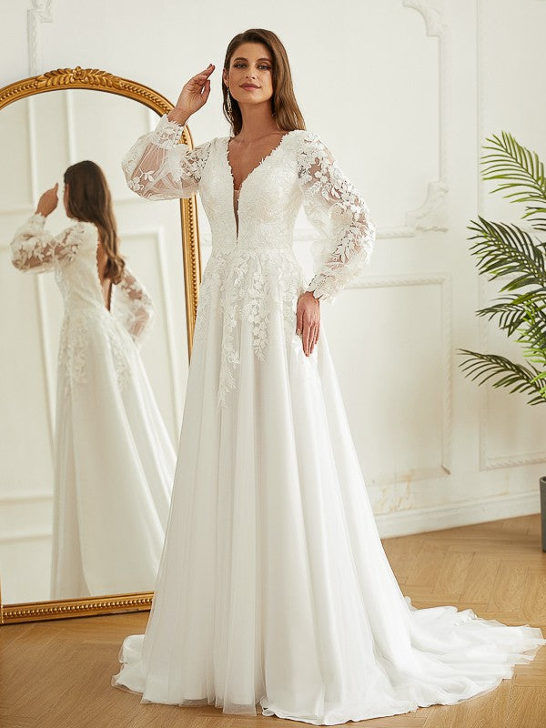 A-Line/Princess Tulle Lace V-neck Long Sleeves Court Train Wedding Dresses Bridal Gowns