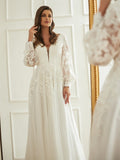 A-Line/Princess Tulle Lace V-neck Long Sleeves Court Train Wedding Dresses Bridal Gowns