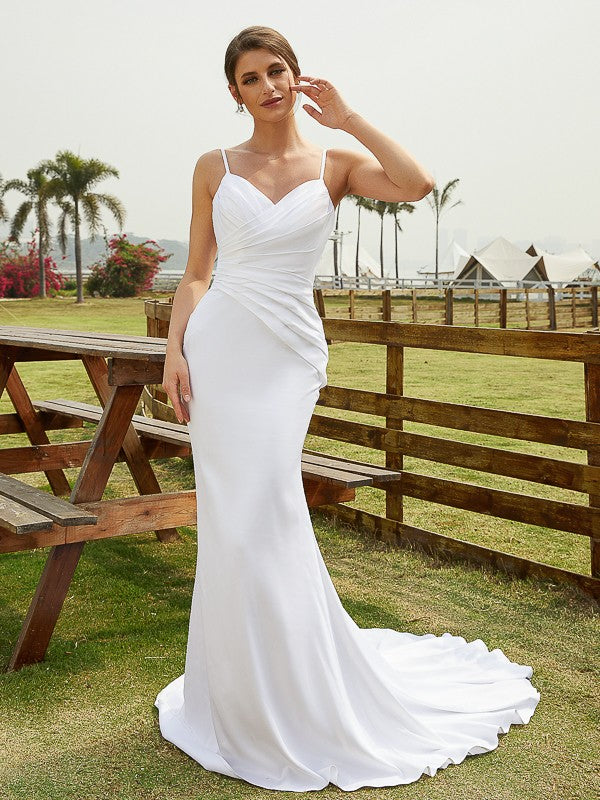 Sheath/Column Charmeuse Ruched V-neck Sleeveless Court Train Wedding Dresses(Detachable Train)  Bridal Gowns
