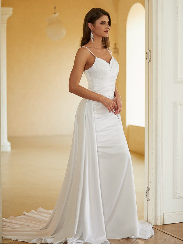 Sheath/Column Charmeuse Ruched V-neck Sleeveless Court Train Wedding Dresses(Detachable Train)  Bridal Gowns