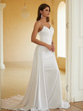 Sheath/Column Charmeuse Ruched V-neck Sleeveless Court Train Wedding Dresses(Detachable Train)  Bridal Gowns