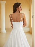 Sheath/Column Charmeuse Ruched V-neck Sleeveless Court Train Wedding Dresses(Detachable Train)  Bridal Gowns