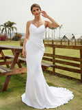 Sheath/Column Charmeuse Ruched V-neck Sleeveless Court Train Wedding Dresses(Detachable Train)  Bridal Gowns