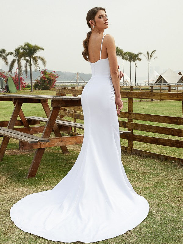 Sheath/Column Charmeuse Ruched V-neck Sleeveless Court Train Wedding Dresses(Detachable Train)  Bridal Gowns
