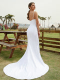 Sheath/Column Charmeuse Ruched V-neck Sleeveless Court Train Wedding Dresses(Detachable Train)  Bridal Gowns