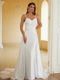 Sheath/Column Charmeuse Ruched V-neck Sleeveless Court Train Wedding Dresses(Detachable Train)  Bridal Gowns