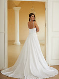 Sheath/Column Charmeuse Ruched V-neck Sleeveless Court Train Wedding Dresses(Detachable Train)  Bridal Gowns