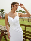 Sheath/Column Charmeuse Ruched V-neck Sleeveless Court Train Wedding Dresses(Detachable Train)  Bridal Gowns
