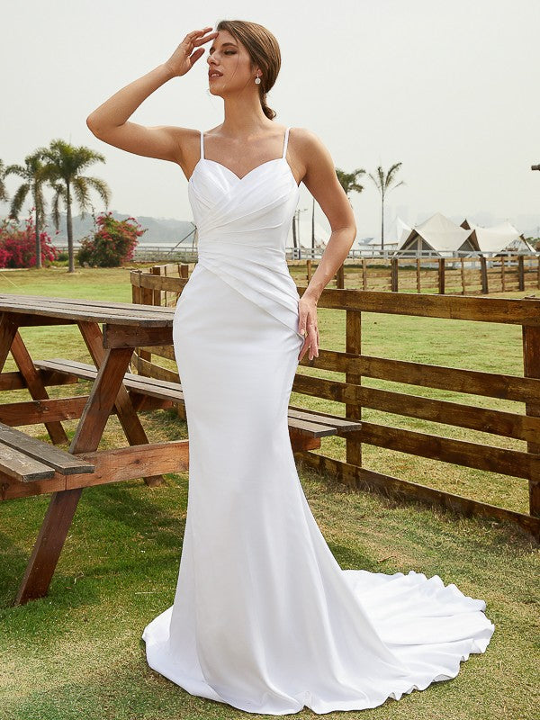 Sheath/Column Charmeuse Ruched V-neck Sleeveless Court Train Wedding Dresses(Detachable Train)  Bridal Gowns