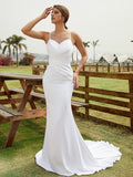 Sheath/Column Charmeuse Ruched V-neck Sleeveless Court Train Wedding Dresses(Detachable Train)  Bridal Gowns