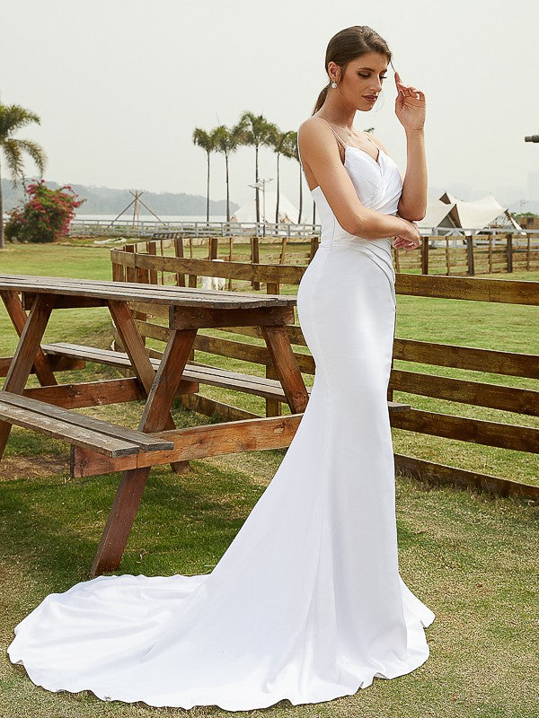 Sheath/Column Charmeuse Ruched V-neck Sleeveless Court Train Wedding Dresses(Detachable Train)  Bridal Gowns
