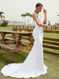 Sheath/Column Charmeuse Ruched V-neck Sleeveless Court Train Wedding Dresses(Detachable Train)  Bridal Gowns