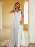 Sheath/Column Charmeuse Ruched V-neck Sleeveless Court Train Wedding Dresses(Detachable Train)  Bridal Gowns