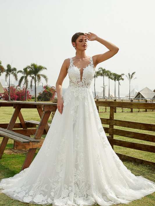 A-Line/Princess Tulle Lace Scoop Sleeveless Chapel Train Wedding Dresses Bridal Gowns