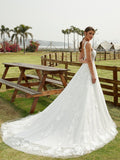 A-Line/Princess Tulle Lace Scoop Sleeveless Chapel Train Wedding Dresses Bridal Gowns