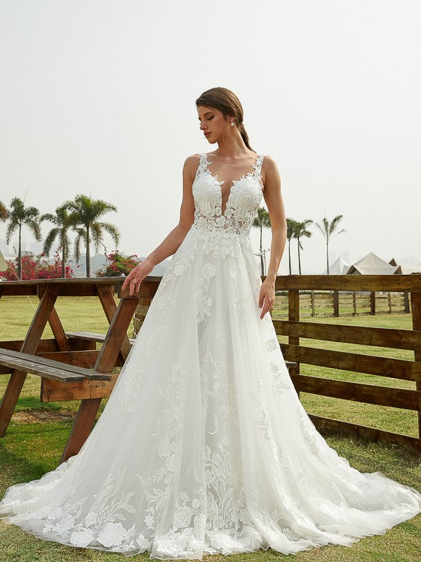 A-Line/Princess Tulle Lace Scoop Sleeveless Chapel Train Wedding Dresses Bridal Gowns