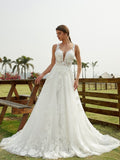 A-Line/Princess Tulle Lace Scoop Sleeveless Chapel Train Wedding Dresses Bridal Gowns