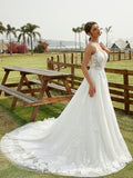 A-Line/Princess Tulle Lace Scoop Sleeveless Chapel Train Wedding Dresses Bridal Gowns