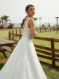 A-Line/Princess Tulle Lace Scoop Sleeveless Chapel Train Wedding Dresses Bridal Gowns