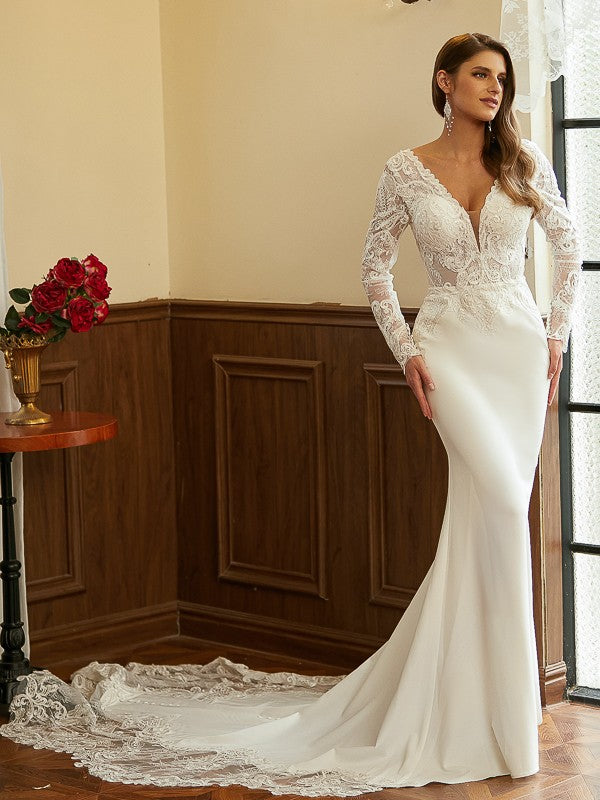 Sheath/Column Stretch Crepe Lace V-neck Long Sleeves Cathedral Train Wedding Dresses Bridal Gowns