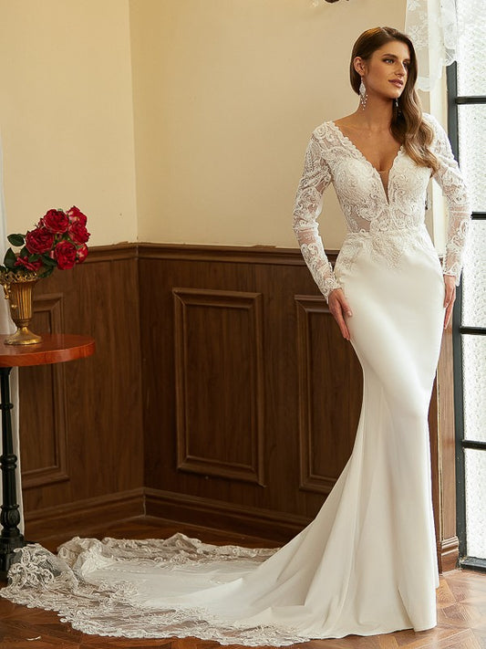 Sheath/Column Stretch Crepe Lace V-neck Long Sleeves Cathedral Train Wedding Dresses Bridal Gowns