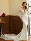 Sheath/Column Stretch Crepe Lace V-neck Long Sleeves Cathedral Train Wedding Dresses Bridal Gowns