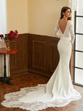 Sheath/Column Stretch Crepe Lace V-neck Long Sleeves Cathedral Train Wedding Dresses Bridal Gowns