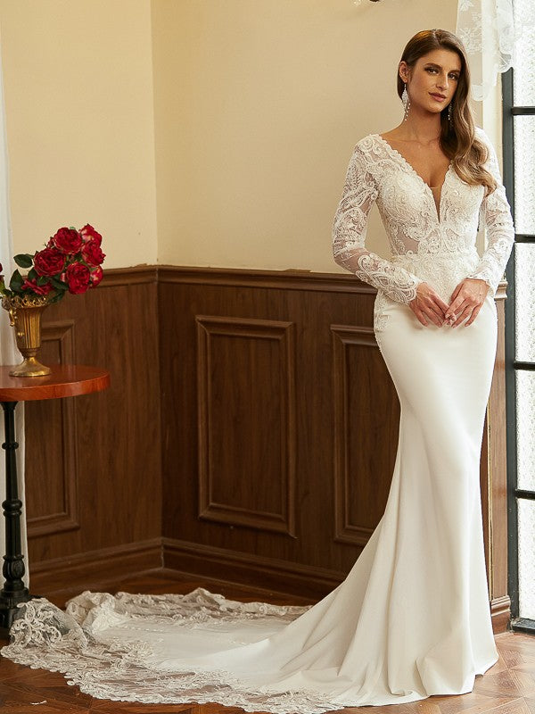 Sheath/Column Stretch Crepe Lace V-neck Long Sleeves Cathedral Train Wedding Dresses Bridal Gowns