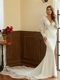 Sheath/Column Stretch Crepe Lace V-neck Long Sleeves Cathedral Train Wedding Dresses Bridal Gowns