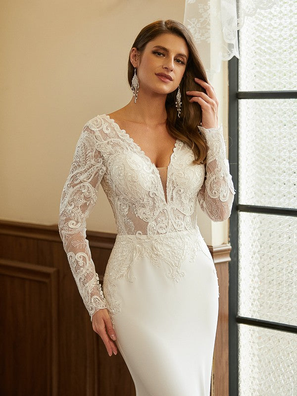 Sheath/Column Stretch Crepe Lace V-neck Long Sleeves Cathedral Train Wedding Dresses Bridal Gowns