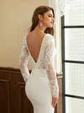 Sheath/Column Stretch Crepe Lace V-neck Long Sleeves Cathedral Train Wedding Dresses Bridal Gowns