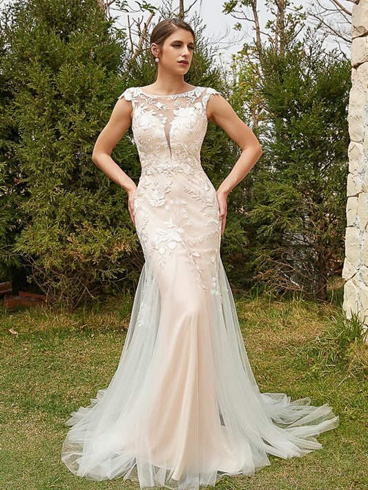 Sheath/Column Tulle Lace Scoop Sleeveless Court Train Wedding Dresses Bridal Gowns