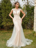 Sheath/Column Tulle Lace Scoop Sleeveless Court Train Wedding Dresses Bridal Gowns