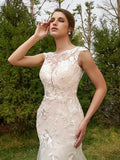 Sheath/Column Tulle Lace Scoop Sleeveless Court Train Wedding Dresses Bridal Gowns