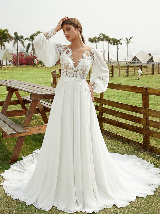 A-Line/Princess Chiffon Applique Scoop Long Sleeves Chapel Train Wedding Dresses Bridal Gowns