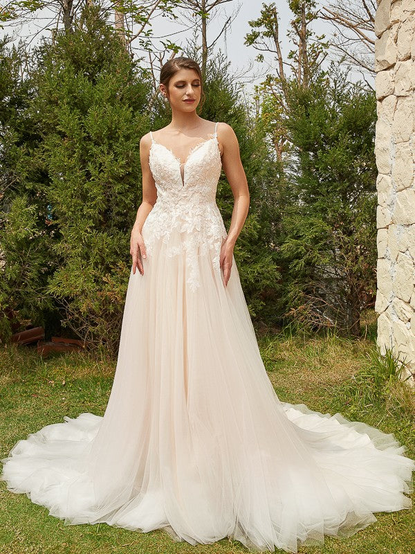 A-Line/Princess Tulle Applique V-neck Sleeveless Court Train Wedding Dresses Bridal Gowns