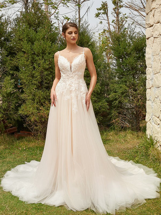 A-Line/Princess Tulle Applique V-neck Sleeveless Court Train Wedding Dresses Bridal Gowns