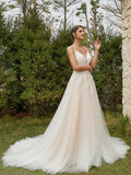A-Line/Princess Tulle Applique V-neck Sleeveless Court Train Wedding Dresses Bridal Gowns