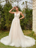 A-Line/Princess Tulle Applique V-neck Sleeveless Court Train Wedding Dresses Bridal Gowns
